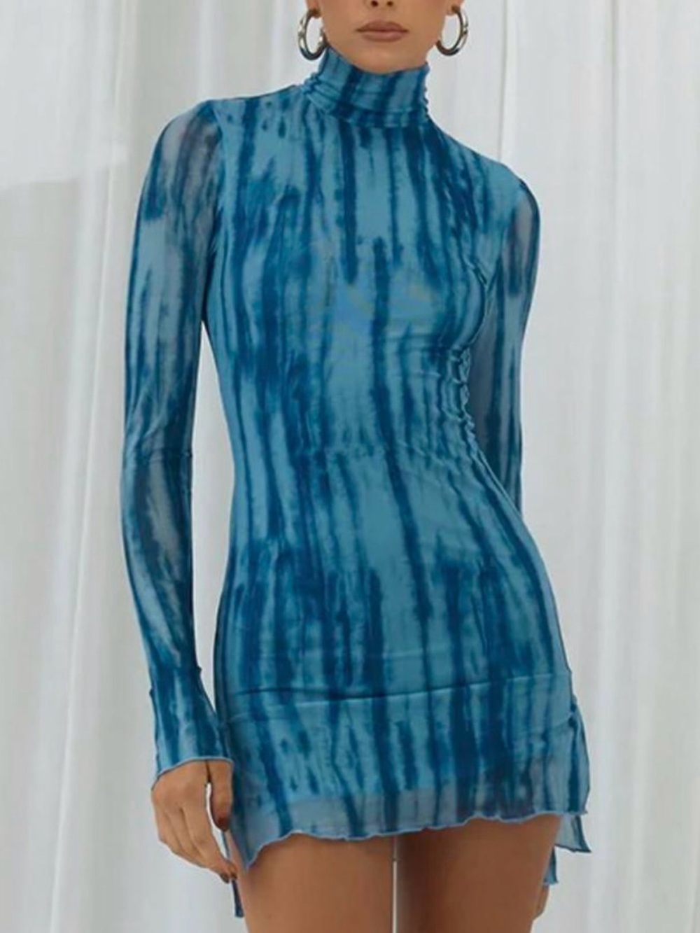 Blue high neck long sleeve mini dress